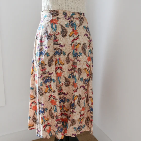 SOLD - Vintage 1970s Tan Paisley and Floral Print Wrap Midi Skirt - Picture 7 of 9